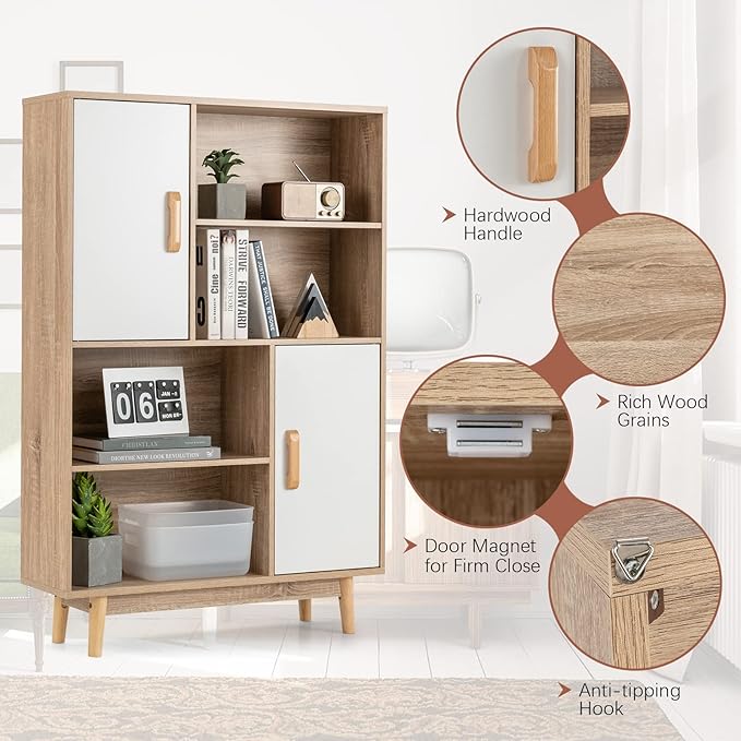 Giantex Storage Cabinet with Legs, Floor Cabinet with Doors, Shelves, Anti-Tipping Device, 4-Tier Bookshelf for Books & Photos, Tall Cupboard in Living Room, Kitchen Buffet Sideboard