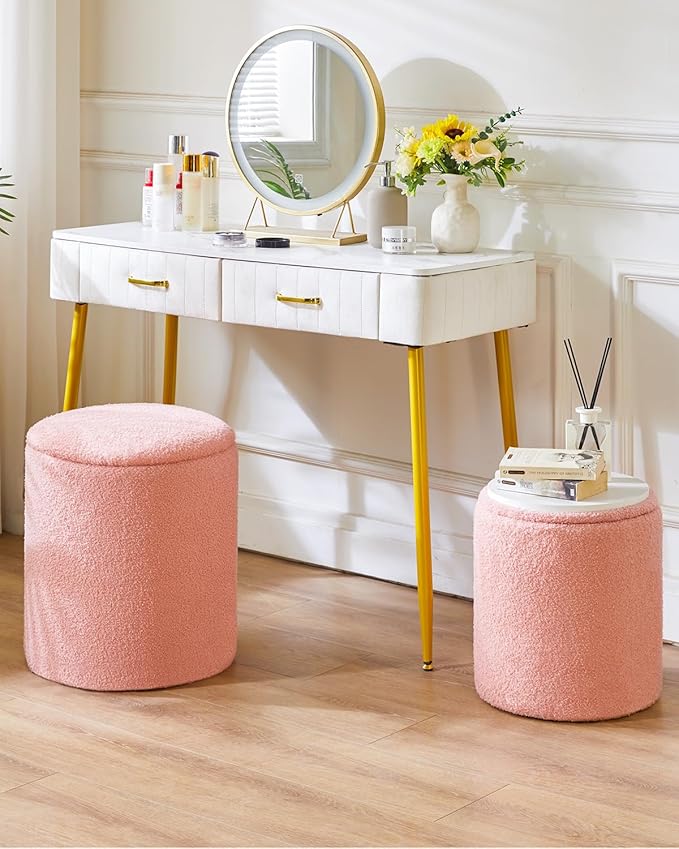 IBUYKE Storage Ottoman Set of 2 Round Ottoman Fleece Vanity Stool with Storage Velvet Footrest Stool End Table Boucle Ottoman for Home Organization Pink UWBD015P