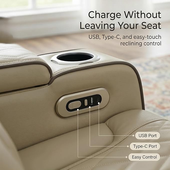 Power Reclining Sectional Sofa, Beige Breathing Leather Recliner Couch with LED Light, Cup Holders, Storage Console, Wireless Charging, USB & Type-C for Living Room Home Theater