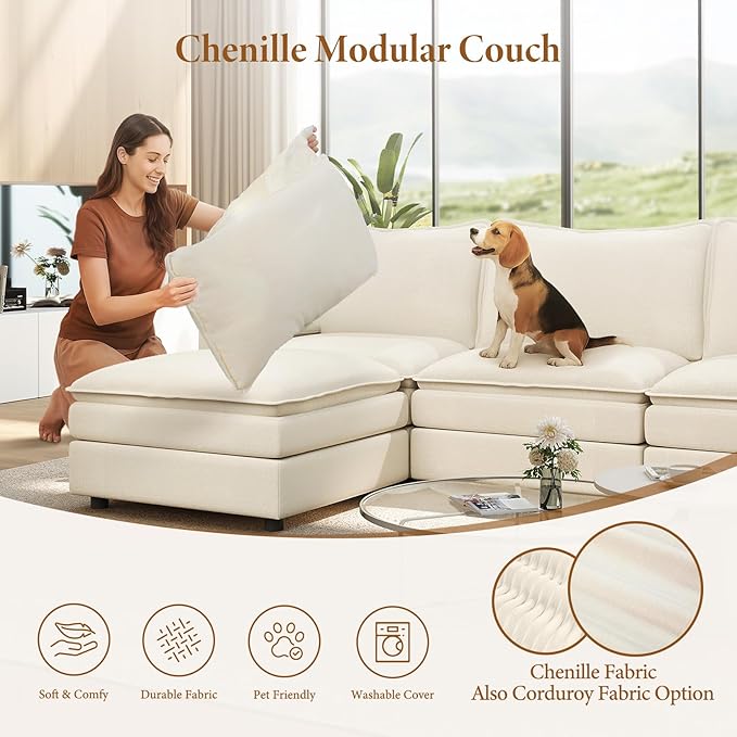 Vesgantti 142" U Shaped Sectional Couch, Comfy Cloud Modular Sectional Sofa with 2 Ottoman Deep Seat Chenille Modern Cloud Sofa, Modular Sofas for Living Room, Bedroom and Apartment, Beige | Sink-in Comfort, Height Adjustable, Easy Rearrangement, Extra...