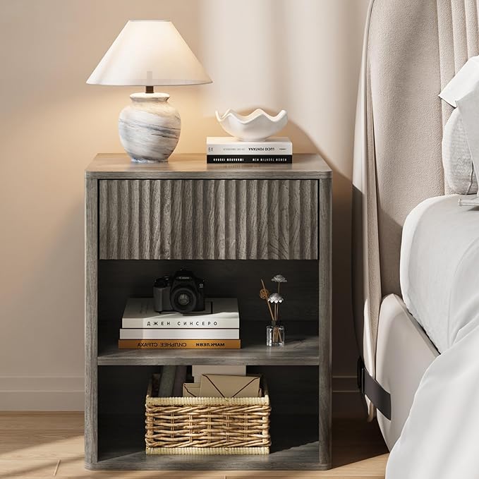 Nightstand Bedside Table Storage Drawer - Large Mid Century Modern Night Stand with Fluted Wood Storage Drawer and Open Shelf Bed Side Table for Living Room Study Room, Modern Gray, Set of 1