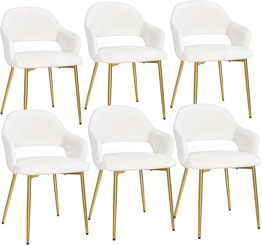 VECELO Velvet Dining Chairs Set of 6, Modern Upholstered Kitchen Chairs with Cushion, Padded Backrest and Metal Legs, White