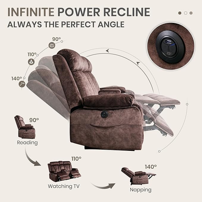 Power Reclining Loveseat with Heat & Massage, Dual Recliner Sofa with Console, Cup Holders, USB & Type-C Ports, 2 Seater Electric Reclining Couch for Living Room, RV (Brown, 2 Seat)
