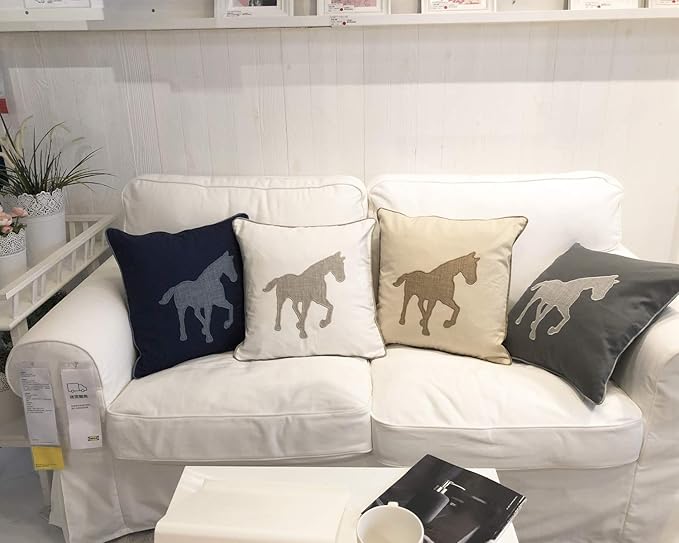 Animal Cotton Throw Pillow Covers Horse Pattren Embroidered 18x18 Inches for Couch Cushions Covers (White) …