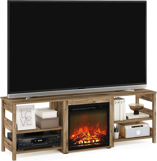 Furinno Classic Fireplace TV Stand, Entertainment Center, TV Console for TV up to 70 Inch with Fireplace, for Living Room, Bedroom, Flagstaff Oak