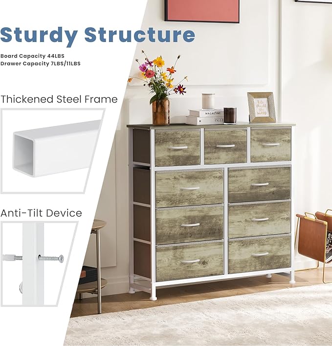 DUMOS 9 Drawer Dresser for Bedroom, Fabric Storage Organizer with Sturdy Metal Frame, Wooden Top Chest of Drawers for Closet Entryway Guest Room,Gold