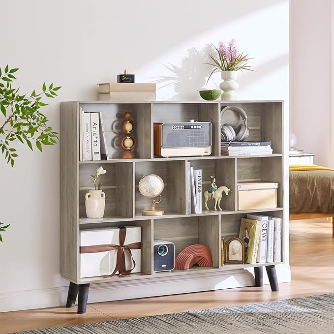 LEYAOYAO 10 Cube Bookshelf,3 Tier Modern Wide Bookcase with Legs,Mid-Century Wood Bookshelves Storage，Retro Grey Large Book Case,Freestanding Organizer Display Shelf for Bedroom,Living Room,Office