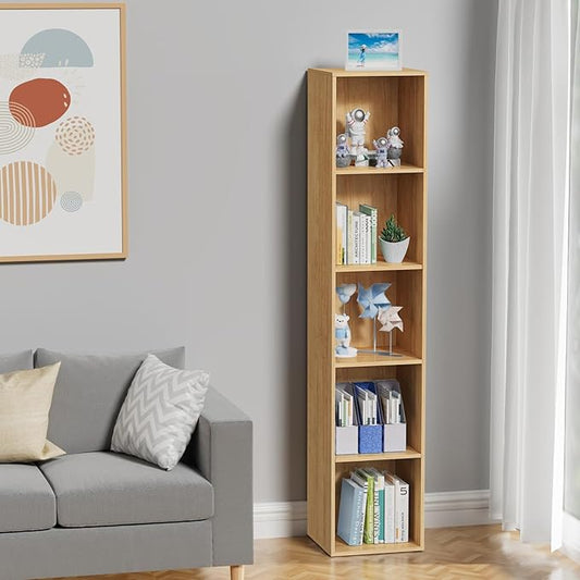 5 Tier Bookshelf, Open Tall Narrow Floor Standing Bookcase, Wooden Book Shelf Display Organizer for Home Office, Study (Oak, 5 Cube)
