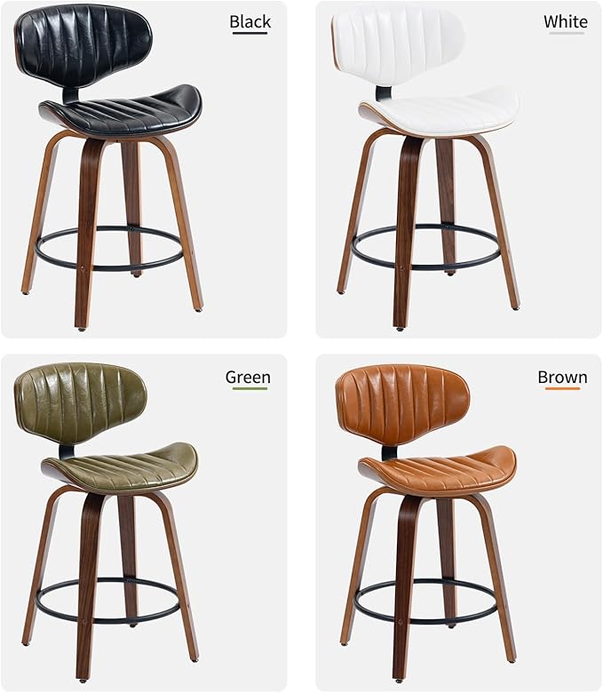 Bar Stools Set of 2, 24 inch PU Leather Wooden Bentwood Swivel Barstools Counter Height Modern Breakfast Bar Chairs with Backrest and Footrest for Kitchen Island, Dining Room D035-Black-2