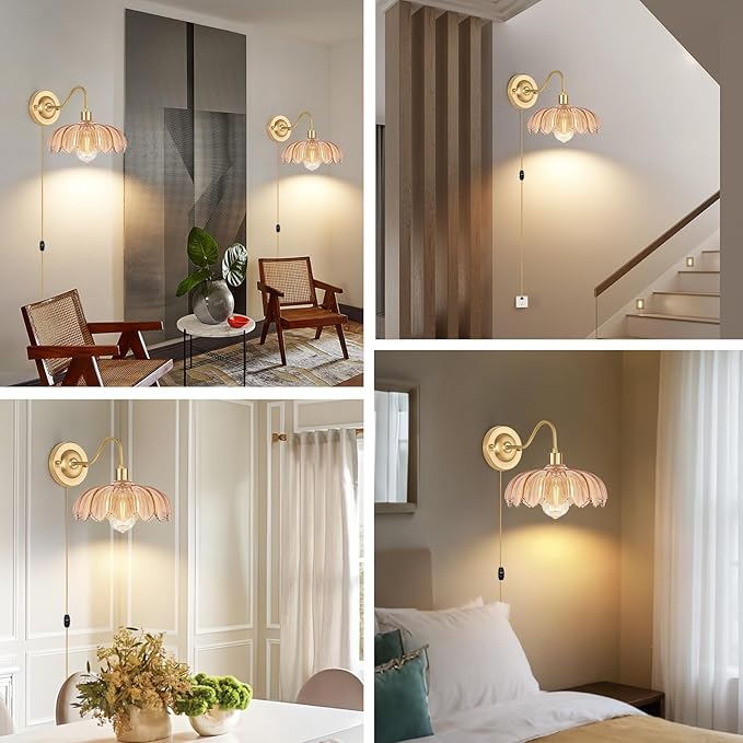 Vintage Plug in Wall Sconces Set of Two, Dimmable Wall Sconces Lamps with Flower Glass Lampshade & 3.6FT Plug in Cord, Gold Sconces Wall Decor Set of 2 Plug in Wall Lights Sconces for Bedroom