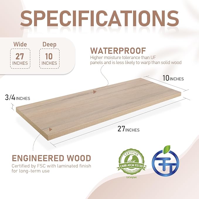 Kaboon 27 inch Long 10 inch Deep Floating Shelves for Wall Set of 2, Large Open Shelves Wall Mounted, Space Saving Home and Commercial Use, Oak/Grey Tone