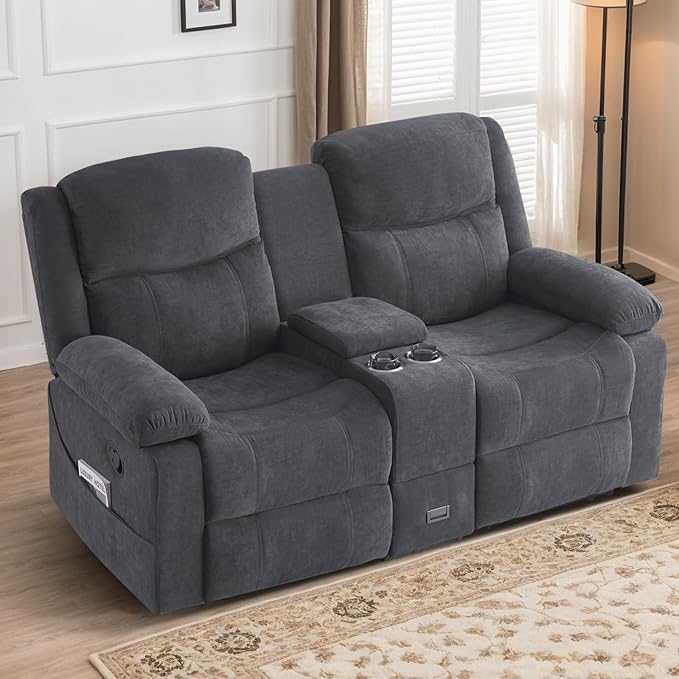 Loveseat Recliner Sofa with Massage & Heating, Reclining Loveseat with Console, RV Wall Hugger Double Loveseat Recliner Couch for Living Room & Home Theater (Chenille-Grey)