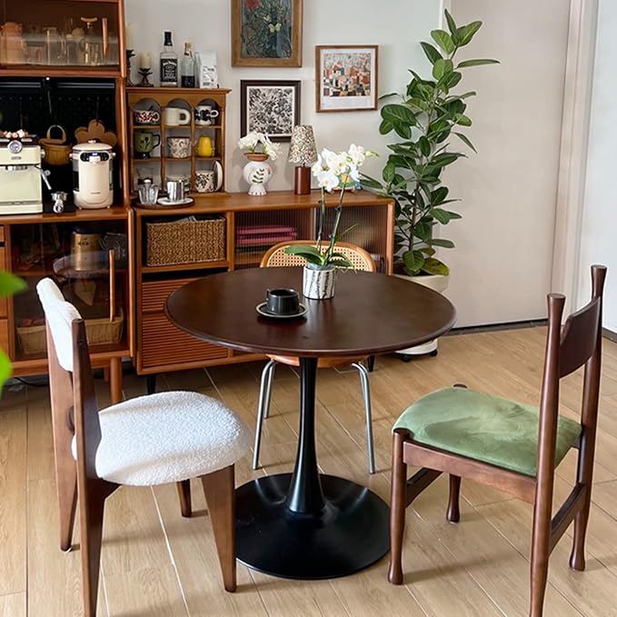 31.2" Round Tulip Dining Table for 2-4 People with Walnut Top and Black Metal Pedestal Base, Mid-Century Modern Small Space Table for Kitchen, Living Room, Cafe