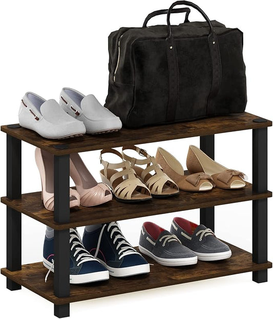 Furinno Turn-S-Tube 3-Tier Shoe Rack, Amber Pine/Black