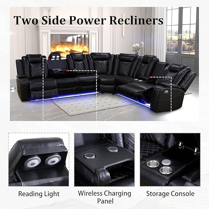 Power Recliner Sectional Sofa with LED Light, Breathing Leather Recliner Sofa Couch with Storage/Cup Holder for Living Room Home Office Theater (Black)