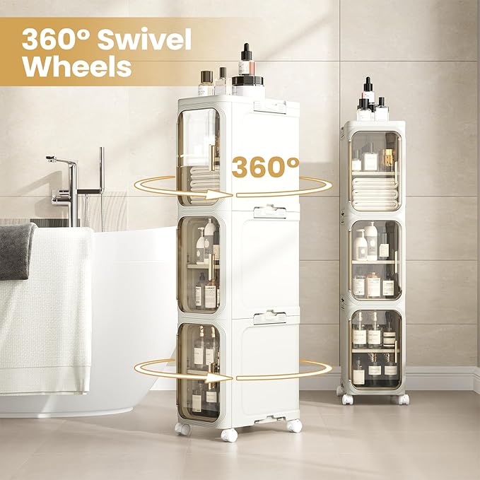 4 Tier Slim Bathroom Storage Cabinet, Narrow Organizer with Wheels and Toilet Paper Holder, Waterproof, No Assembly Required, Perfect for Small Spaces in Bathroom, Kitchen and Living Room
