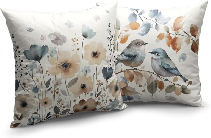 Fall Flower Bird Chinoiserie Pillow Covers 20x20 Set of 2 Burnt Orange and Blue Flowers Leaves Decorative Throw Pillows Covers Autumn Outdoor Cushion Cases for Home Couch Sofa
