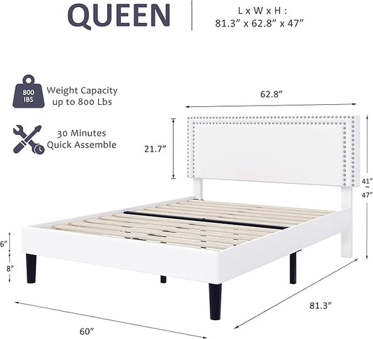 VECELO Queen Size Bed Frame with Adjustable Upholstered Headboard, Wooden Slats Platform, Noise-Free Design, Easy Assembly