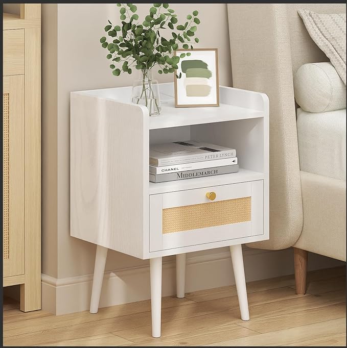 Night Stand Set 2, Nightstands Set of 2 with Charging Station, Rattan Side Tables with Solid Wood Legs, Boho Bedside End Table for Farmhouse Bedroom Dorm Small Space - White