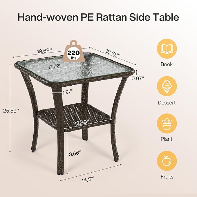Tribesigns Outdoor Wicker Furniture Set, Patio Wicker Side Table with Tempered Glass Top
