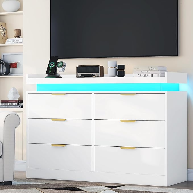 6 Drawer Dresser for Bedroom, White Dresser with LED Lights and Power Outlet, Wooden Dressers Chests of Drawers, Double Wide Dressers for Bedroom, Entryway, Hallway