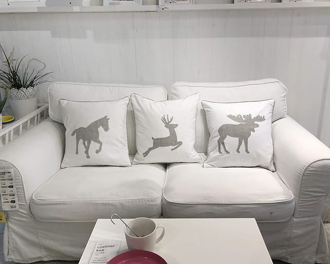 Animal Cotton Throw Pillow Covers Horse Pattren Embroidered 18x18 Inches for Couch Cushions Covers (White) …