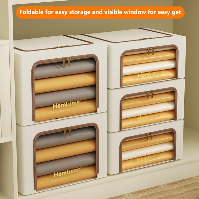 3 Pack Linen Fabric Clothes Storage Bins Collapsible Storage Bins and Storage Boxes for Clothes with Metal Supports (Beige, 36L)