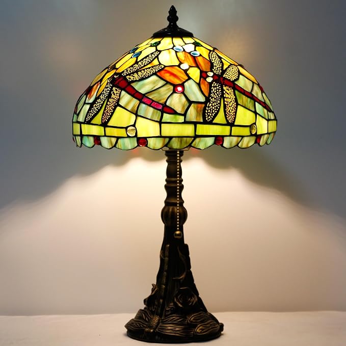 Tiffany Table Lamp Stained Glass Lamp 12X12X19 Inch Antique Reading Light (Green Red Dragonfly)