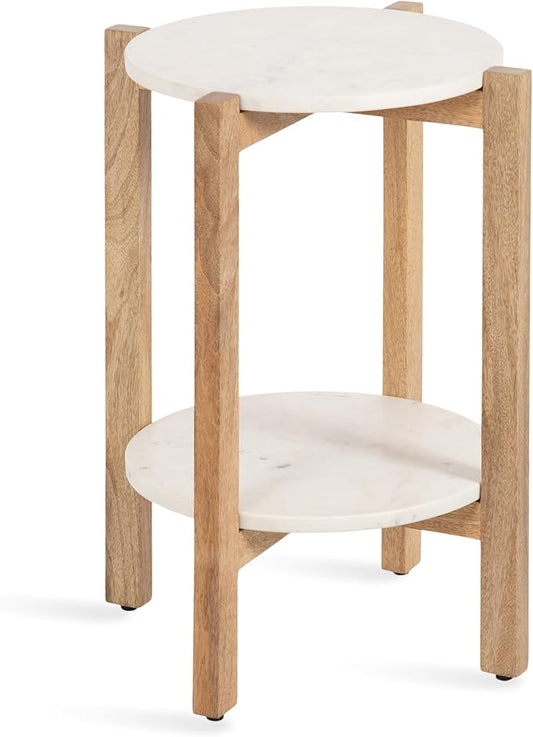 Kate and Laurel Moxley Transitional Round Side Table; 16 x 16 x 22; White Marble and Natural Wood; Tiered Pedestal Table with Authentic Marble Tabletops for Bedroom Nightstand or Indoor Plant Stand