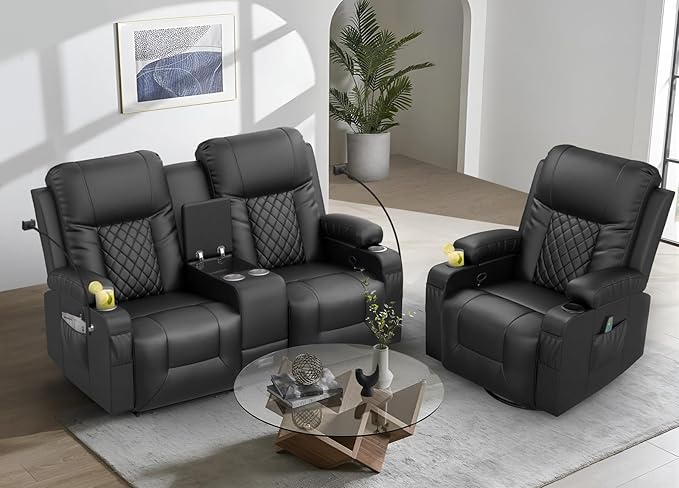 YONISEE Living Room Furniture Set, Loveseat Recliner 2 Seater and Recliner Chair with Massage, Luxury Reclining Sofa 2PC Set for Living Room (2+1)