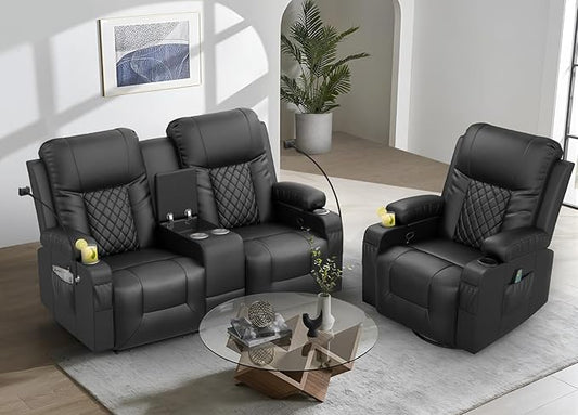 YONISEE Living Room Furniture Set, Loveseat Recliner 2 Seater and Recliner Chair with Massage, Luxury Reclining Sofa 2PC Set for Living Room (2+1)