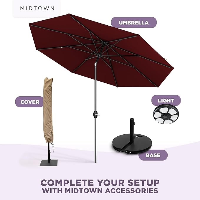 Midtown Umbrellas – The Lean 9 Ft Patio Umbrella with 10-Year-No-Fade Acrylast Acrylic Fabric, Auto-Tilt and 8 Reinforced Ribs for Deck, Pool, Garden, Hotel & Cafes – Bordeaux Canopy, Black Pole