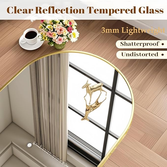 Arched Wall-Mounted Mirror, 24"x36" Arch Bathroom Mirror, Gold Vanity Mirror for Wall Décor, Wall Mirror with Metal Frame for Bedroom, Entryway, Living Room, Brushed Gold