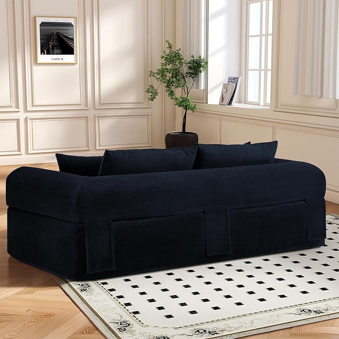 83" Modern Sofa in a Box, No Assembly Oversized 3 Seater 28" Deep Seat Cloud Sofa Bed Couch with 4 Furry Pillows & Corduroy Fabric, Boneless Couch with Side Storage Pockets for Living Room, Navy Blue