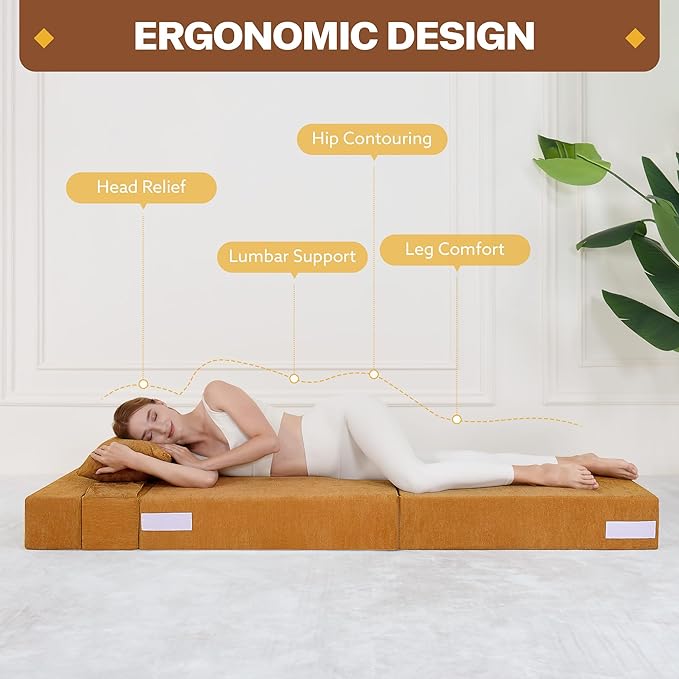 Fvkind Folding Sofa Bed, 4 in 1 Convertible Fold Out Single Chair Bed with Pillow, Memory Foam Futon Chair, Foldable Futon Couch, Foldable Sofa Mattress for Living Room, Bedroom, Guest Room, Yellow