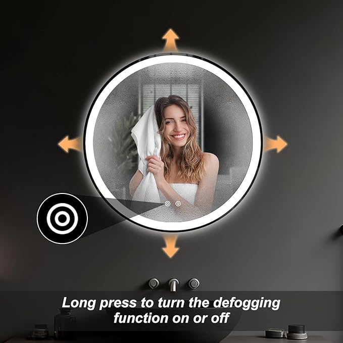 Simple Deluxe Round LED Bathroom Mirror with Lights, Smart Anti-Fog LED Bathroom Mirror with Circular Dual Lights and 3-Color Temperature Memory dimming (24inch)