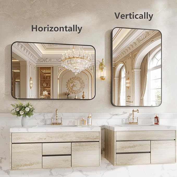 Koonmi Metal Framed Bathroom Mirror, 24"X36" Anti-Rust Bathroom Vanity Mirror, High-Definition Tempered Glass Wall Mounted Mirror for Over Sink, Modern Decorative Wall Mirror for Restroom