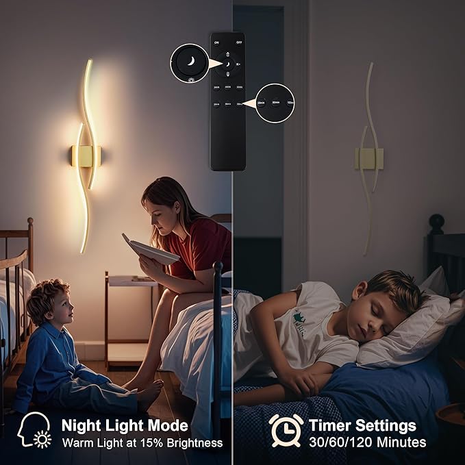 Battery Operated Wall Sconces Set of Two with Remote Control, Dimmable/3 Colors/Night-Light/Timer/Memory, Gold Modern Wireless LED Sconce for Living Room, Hallway, Bedroom, 39.3 Inch (2 Pack)