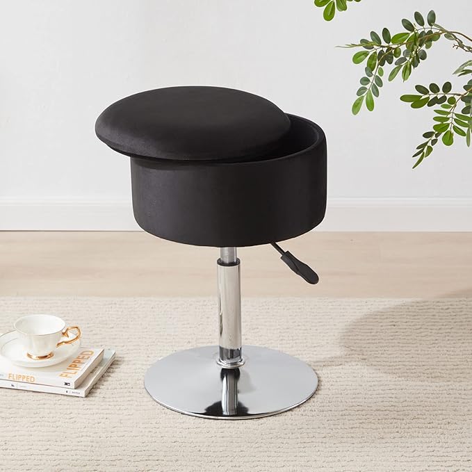 Adjustable Ottoman Stool Black Vanity Stool Vanity Chair for Makeup Room Stool Chair for Vanity Stool with Storage Makeup Stools with Storage Swivel Makeup Chair for Bathroom Velvet