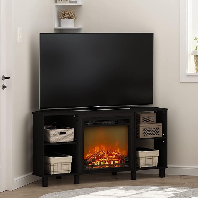 Furinno Jensen Corner Fireplace TV Stand with 4 Open Compartments for TV up to 55 Inches, Americano