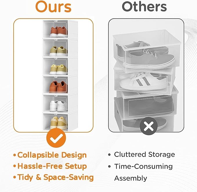 Drop Front Shoe Storage Box, No Assembly Stackable Shoe Organizer Storage Bin with Clear Door, Free Standing Shoe Shelf Cabinet with Lid, Plastic Shoe Rack for Closet Entryway, 6-Tier