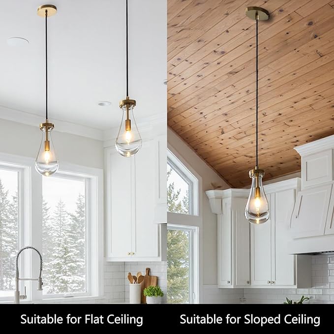Raindrop Pendant Lights Kitchen Island Set of 3, Brass Teardrop Pendant Lights Dining Room Modern Gold Rain Pendants Glass Waterdrop Pendant Light for Island, Living Room,Included E12 Bulb
