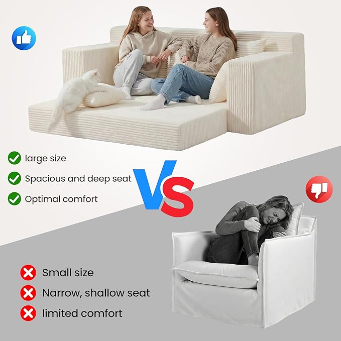 Convertible Sofa Bed, 5 in 1 Small Boneless Couch Pull Out Loveseat Sleeper Sofa,Corduroy Futon Couch Folding Mattress with 4 Pillows for Living Room (Beige, 3 Seater)