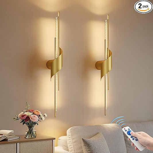 camuucci Battery Operated Wall Sconces Set of Two,Modern Wireless Wall Lights,LED Rechargeable 20000mAh Not Hardwired Remote Control Dimmable Wall Lamp Fixtures for Bedroom Gold 33 Inches