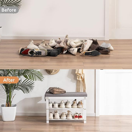 Apicizon 3-Tier Shoe Rack for Entryway, Bamboo Shoe Bench with Cushion Padded Seat, Small Shoe Organizer with Storage for Indoor Entrance Hallway Bedroom Living Room, White