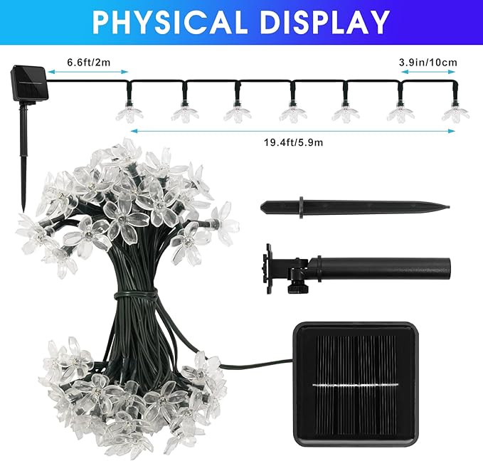 60 LED Solar String Lights Outdoor Waterproof Flower Fairy Lights for Garden Fence Patio Yard Christmas Tree Lawn Wedding Party Decor, Blue