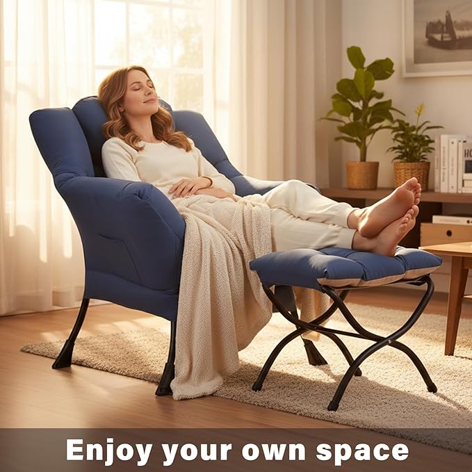 Lazy Chair and Ottoman, Peach Blue Large Accent Chair with Side Pocket, Modern Leisure Upholstered Sofa Reading Armchair with Footrest for Office, Bedroom, Living Room, Dorm Rooms, Balcony