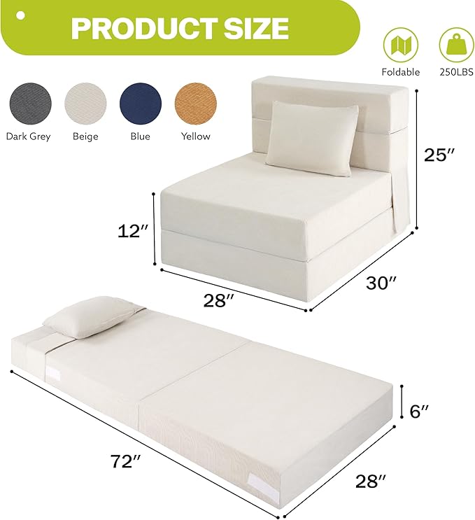 Fvkind Folding Sofa Bed, 4 in 1 Convertible Fold Out Single Chair Bed with Pillow, Memory Foam Futon Chair, Foldable Futon Couch, Foldable Sofa Mattress for Living Room, Bedroom, Guest Room, Beige