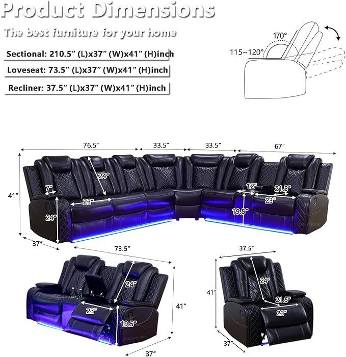 Power Breathing Leather Reclining Sofa, Power Recliner Sectional Sofa with Reading lamp/LED Light, Sectional Reclining Loveseat Couch with Hide-Away Storage for Living Room