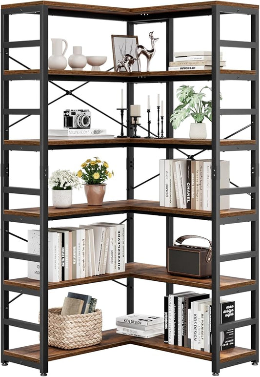 NUMENN 6 Tier Corner Bookshelf, Modern Corner Bookcase, Large Open Shelf Bookcase, Tall Bookshelves Storage Display Rack for Bedroom, Living Room and Home Office, Vintage